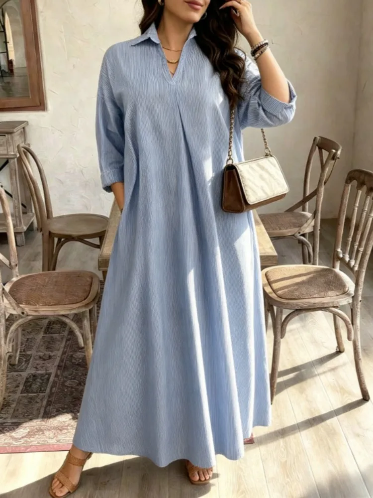 

Women's Striped Shirt Dress 2025 Summer Casual Loose Long Maxi Dress 3/4 Sleeve V-Neck Lapel Tunic Dress with Pockets Elegant Li