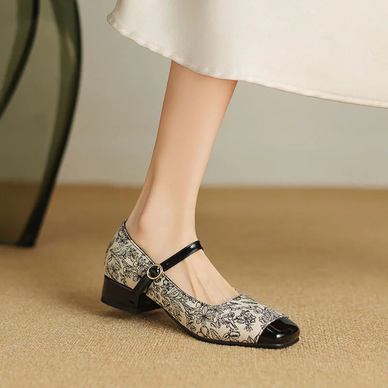 Phoentin Cross Strap Mary Janes Chinese Style Print Low Heels Square Toe Dress Shoes Patchwork Footwear Plus Size FT3342C