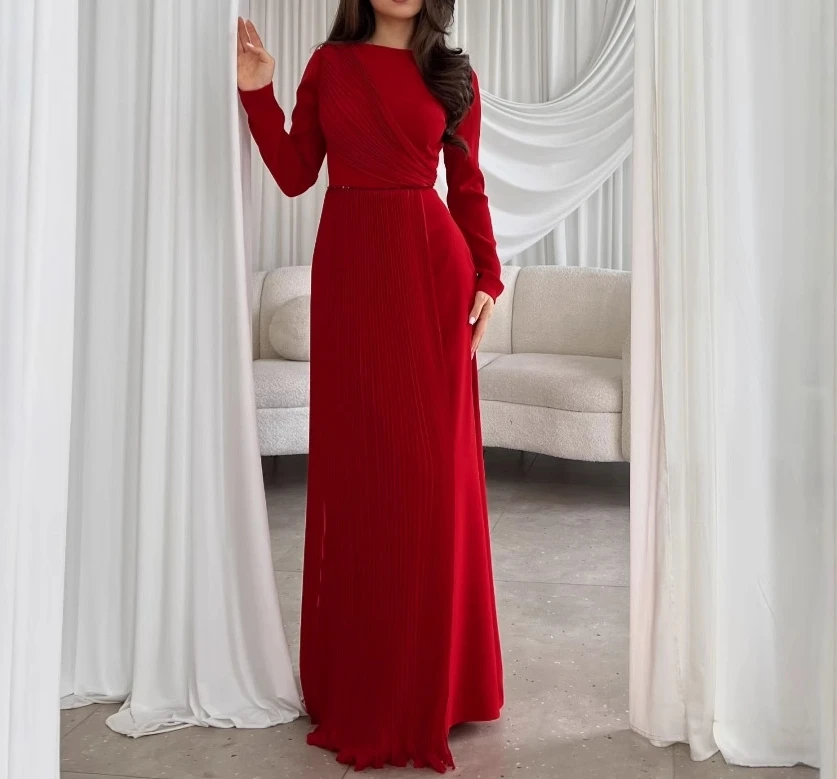 elegant party women's dresses Vintage French urban Elegant Solid Color O-Neck High Waist Splicing Long Sleeve Folded Long Dress