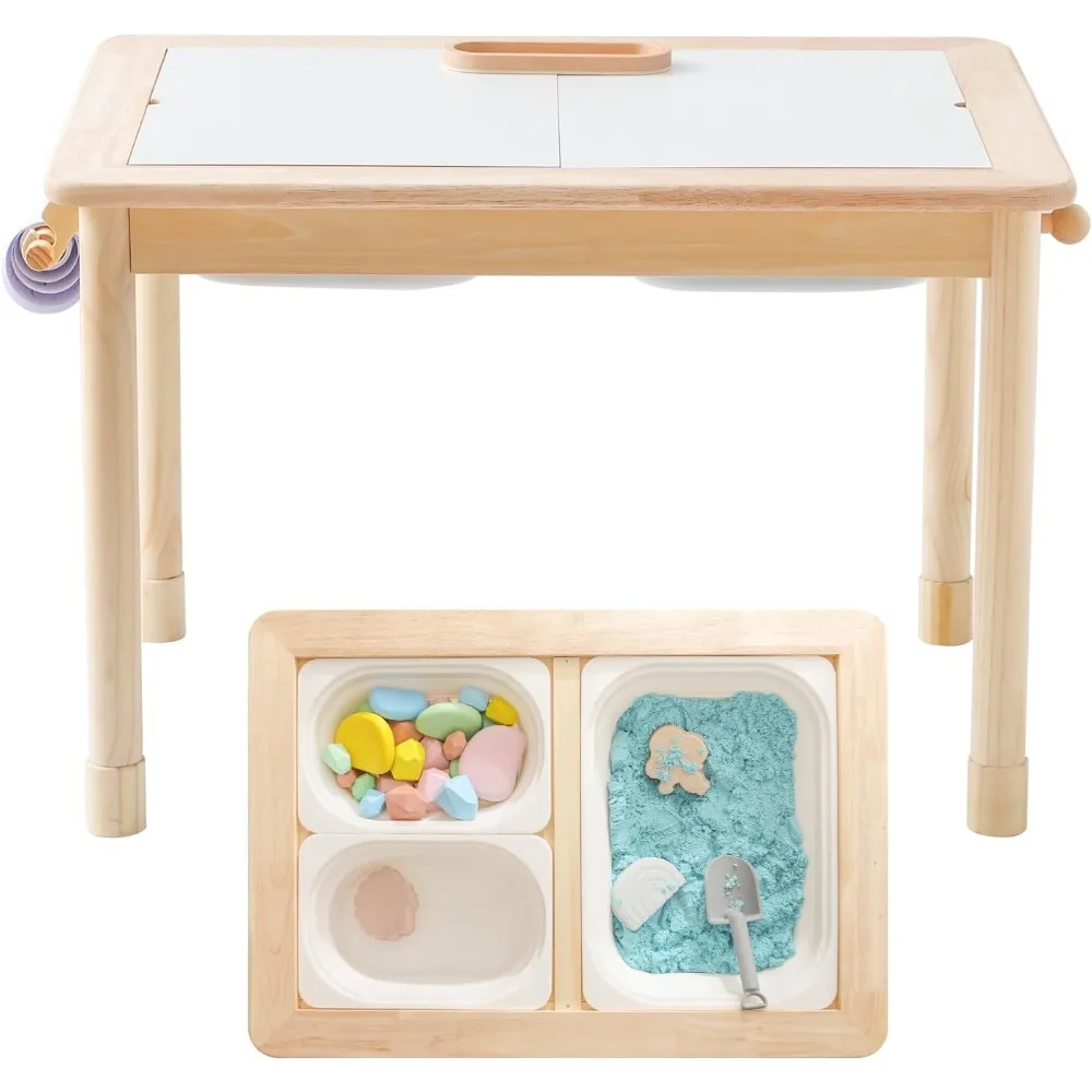 

Rubber Wood Montessori Sensory Table - 3 Foldable Storage Bins, Reinforced Frame, Height Adjustable Children's Table - Multifun
