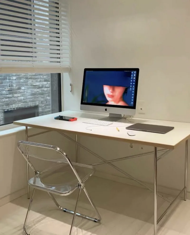 Desk conference desk dining table solid wood medieval stainless steel Bauhaus table minimalist matte white computer desk