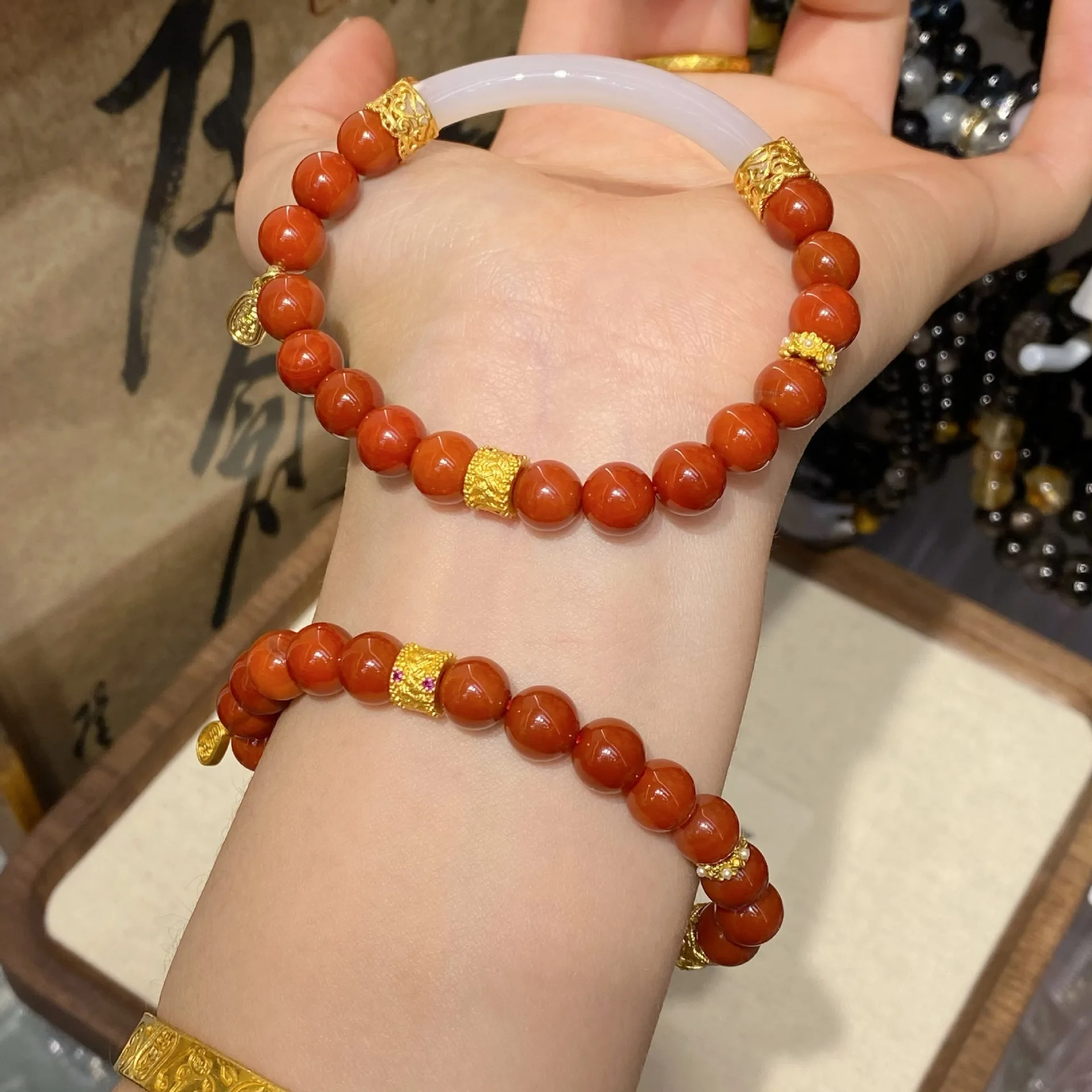 

New Chinese Style Half Bracelet With Southern Red National Natural Agate Design Female Live Streaming Lucky Hand String