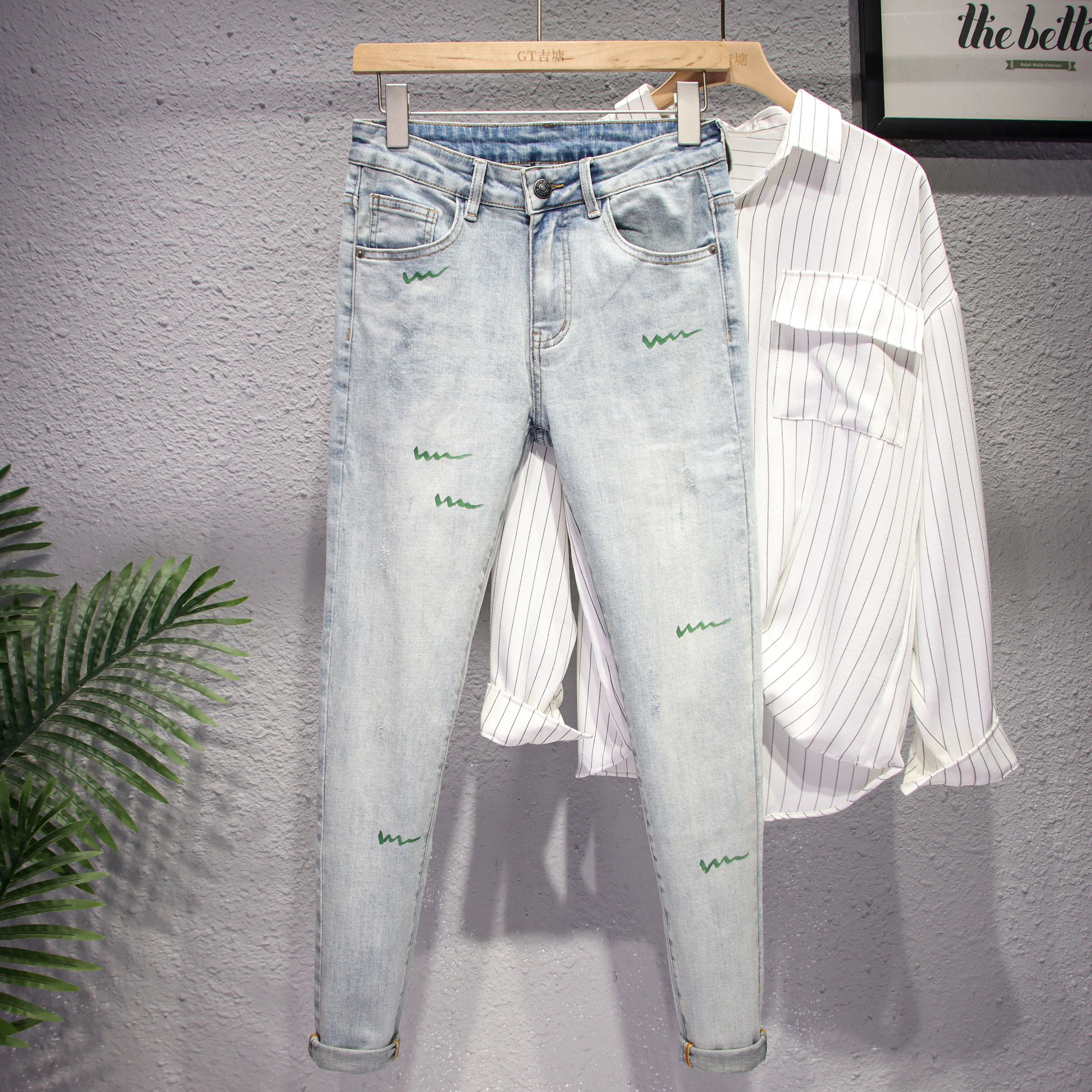 

High-End Lightweight Printed Jeans Men's Light Color Slim Fit Elastic Casual Ankle-Length Trendy American Simple Nine-Piece P...