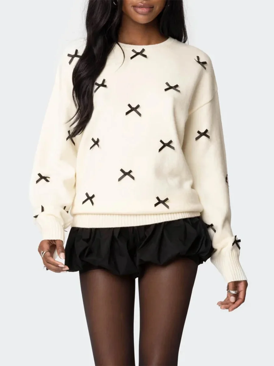 

Women Bow Sweatshirt Long Sleeve Crewneck Pullover Top Y2k Cute Bow Shirt Oversized Bowknot Top Fall Fashion New
