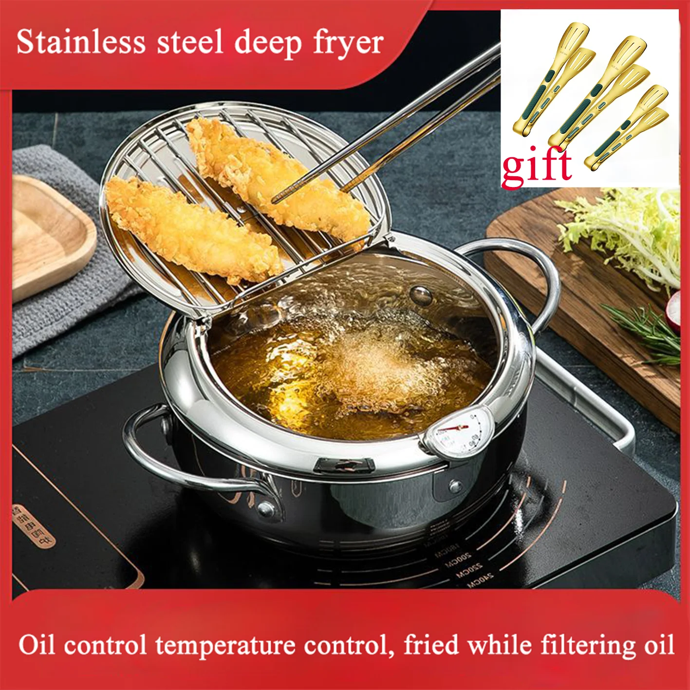 20 /24 /28cm 304 Stainless Steel Kitchen Tempura Fryer Pan Japanese Deep Frying Pot with a Thermometer and a Lid