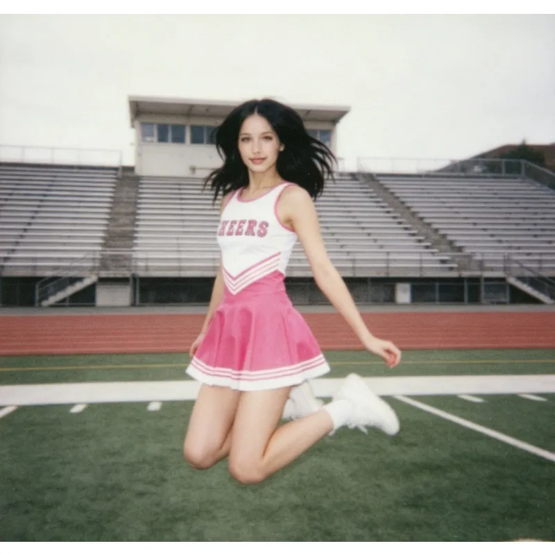 

Women's Cheerleading Outfit Set Top & Skirt with Pom Poms Bow Headband & Socks Stage Performance CHEERS Dance