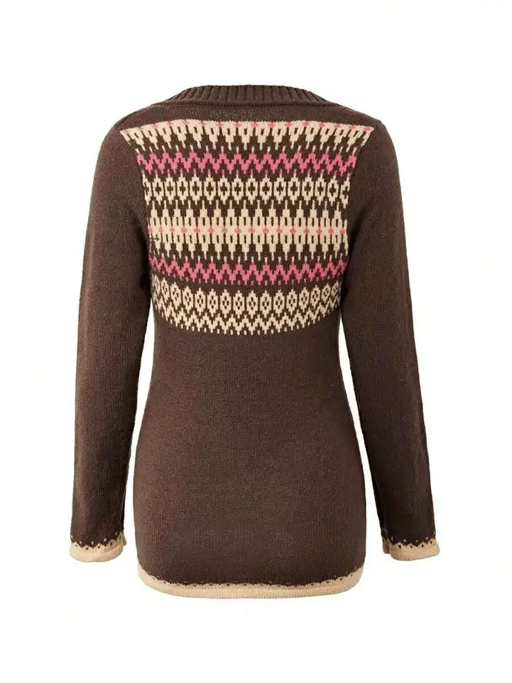 Womens Geometric Pattern Buttoned Knit Sweater