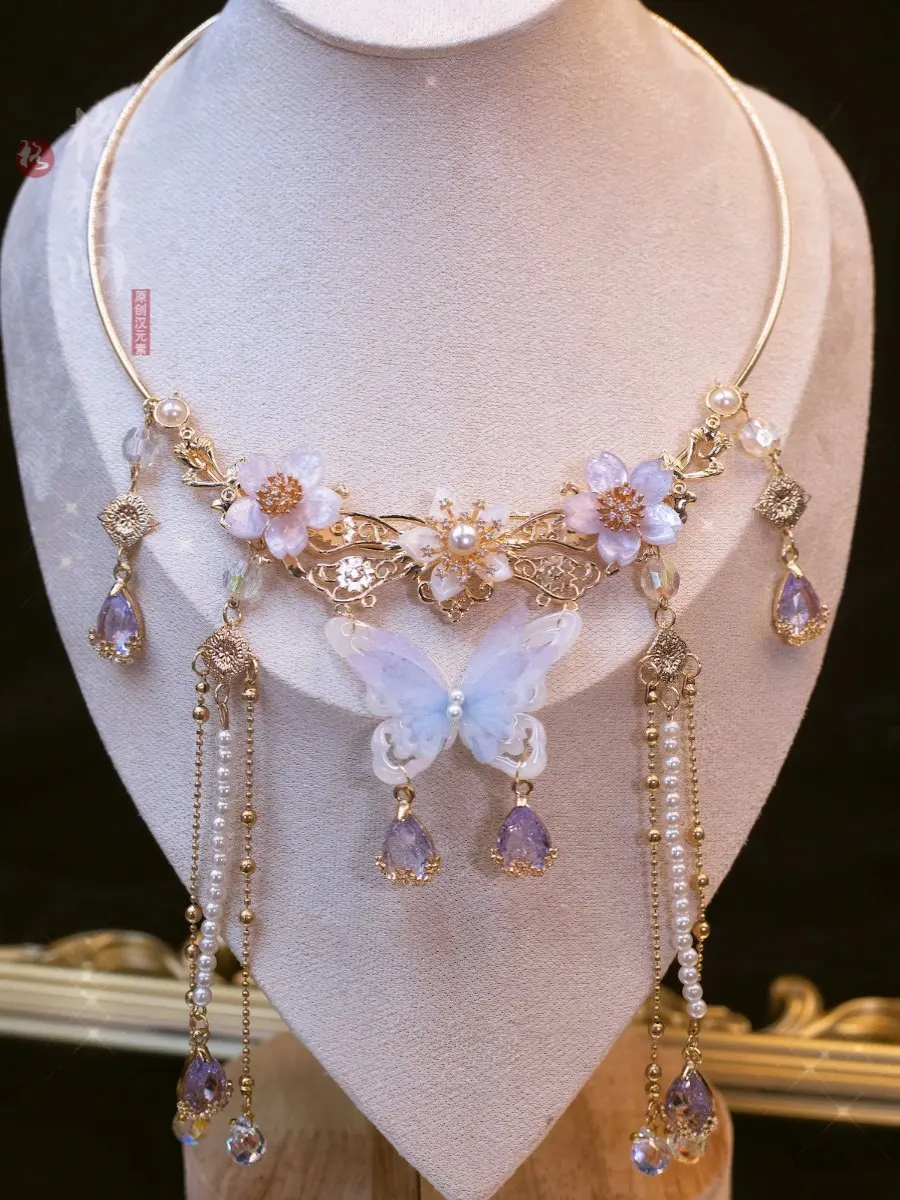 Gegejian Original [Yidie] Color Retaining Copper Zircon Flower Pearl Collar Hanfu Antique Necklace Female Yingluo