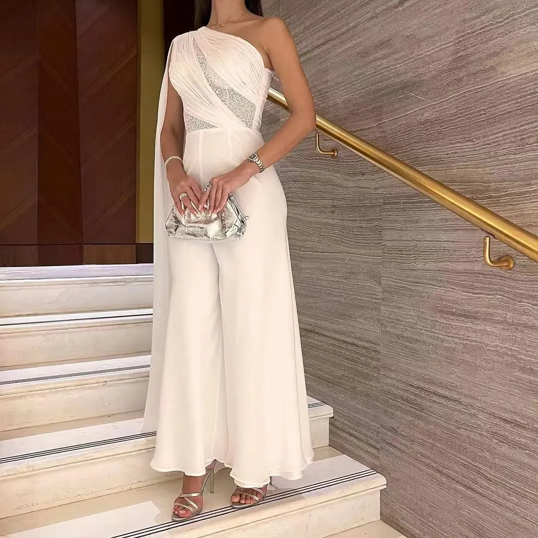 

White Chiffon One Shoulder Prom Dresses A-Line Jumpsuit Pleated Beadings Floor Length Saudi Arabic Women Evening Party Dress