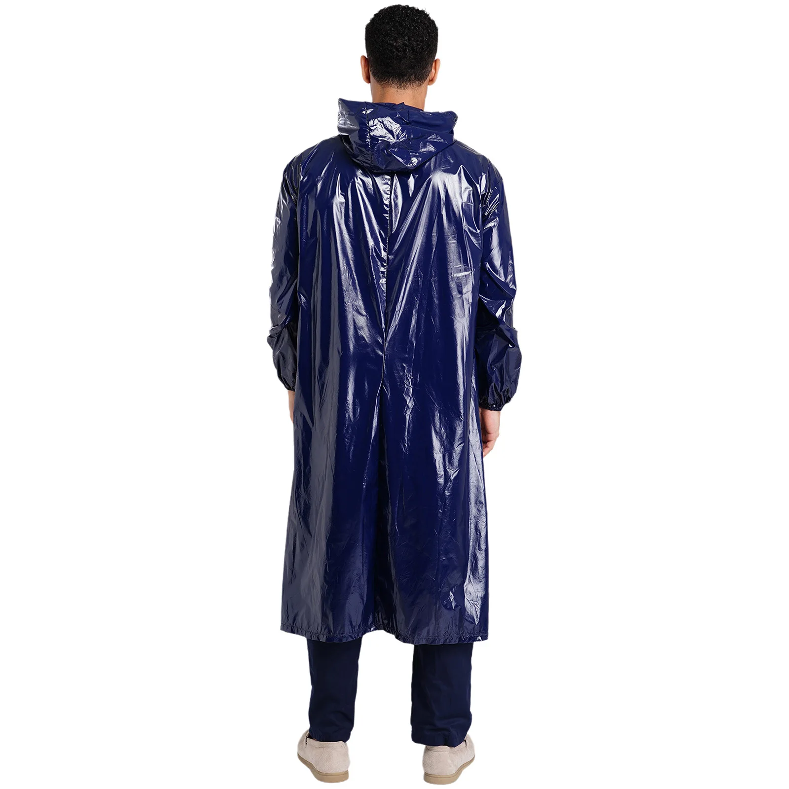 Mens Waterproof Hooded Long Jacket Long Sleeve Front Zipper Lightweight Raincoat Workwear Poncho Coat for Hiking Rainy Day Work