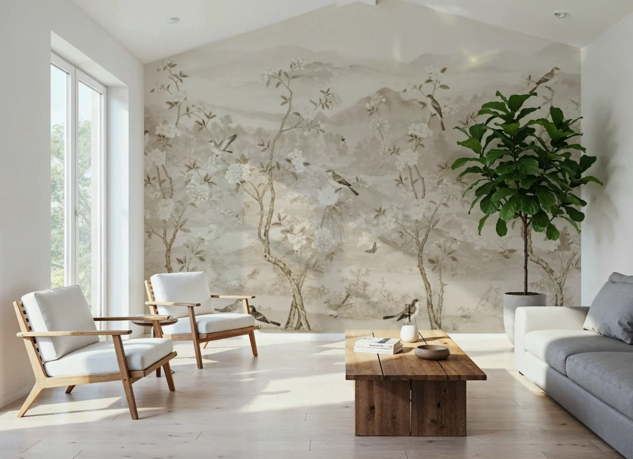 Customized Mural Vintage Flower, Bird, Branch Wallpaper Home Decoration Warm Color Beige Hand drawn Art Flower Pattern murals