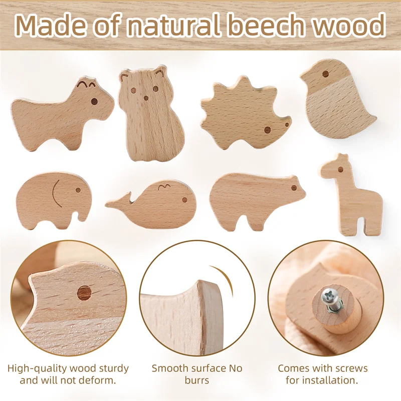 6/12pcs Wooden Cartoon Animal Bear Rabbit Dinosaur Drawer Knob Cupboard Furniture Drawer Pulls Handles with Screws Dresser Knob