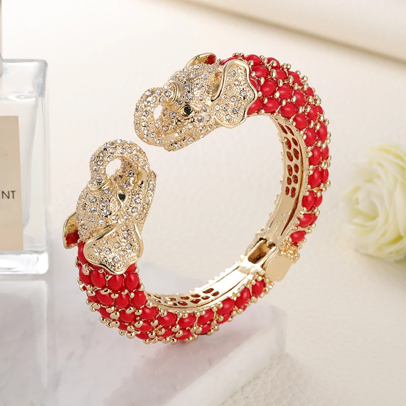 Sally\'s Paradise Resin Colorful Two Heads Elephant Bangles Crystal Animal Jewelry Gold Plated Cuff Bracelets For Women 11199