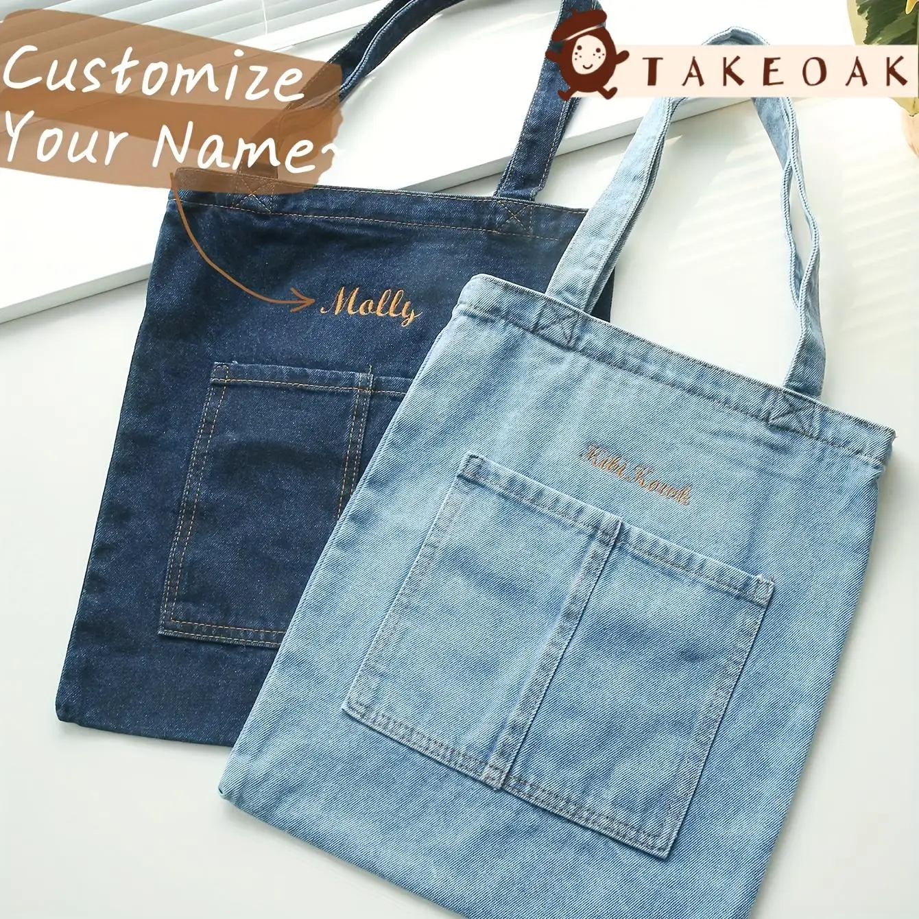 Tote Bag Personnalisable Custom Embroidery Name Denim Bag Girl Bridesmaid Embroidery Large Capacity Shoulder Bag Customize Gift