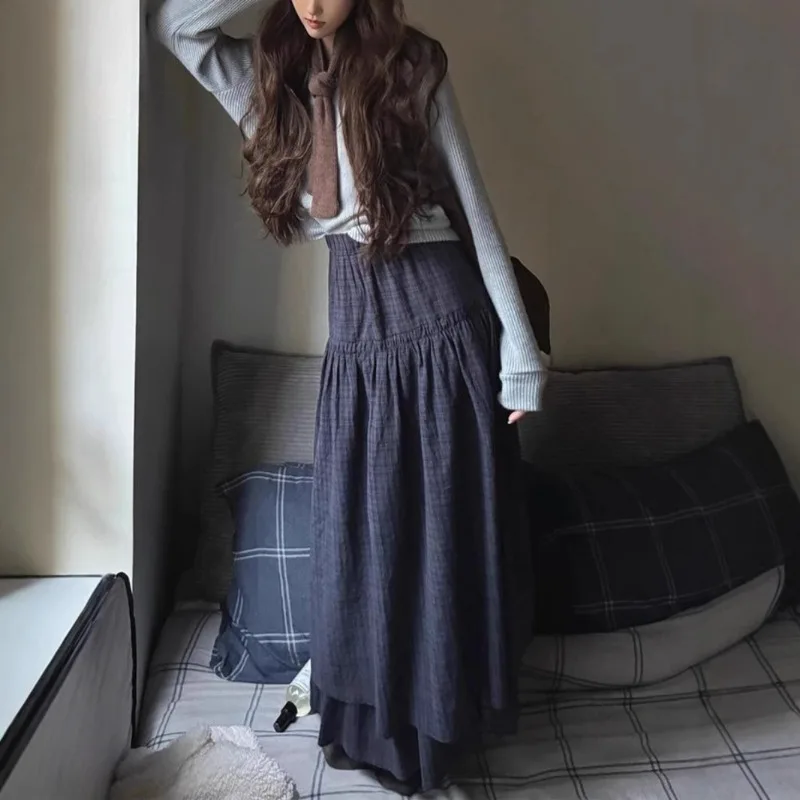 

Blue Plaid Double-layer Splicing Skirt Women's Autumn and Winter Thickened Plaid Medium and Long Skirt High Waist A-shaped Skirt