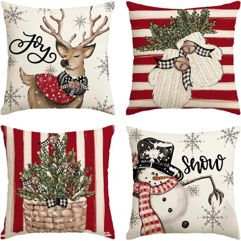 Christmas snowman reindeer gloves eucalyptus red pillow cover 18 x 18 inches 4-piece set