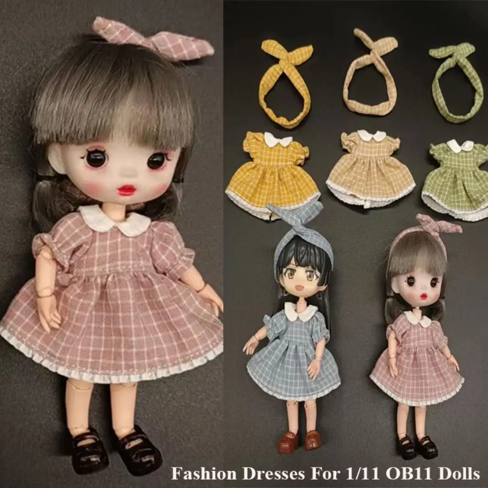 Ruched Fabric Collar Plaid Dress for 1/12 BJD Dolls Casual Wear Headband Girl Clothes Doll Dresses For 1/11 OB11 Dolls Accessory