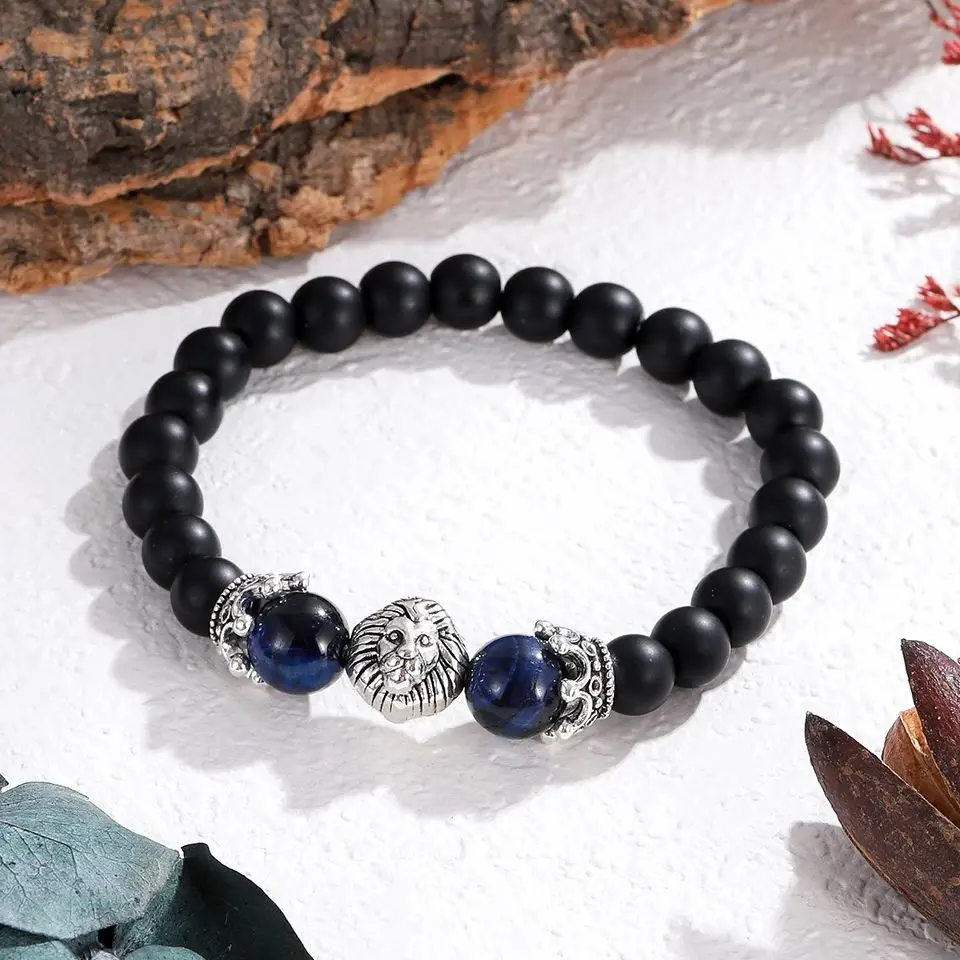 Classic Bright Black Obsidian Stone Bracelet for Men Ethnic Runes Carved Beads Crown Lion Head Beaded Bracelets Jewelry Gift