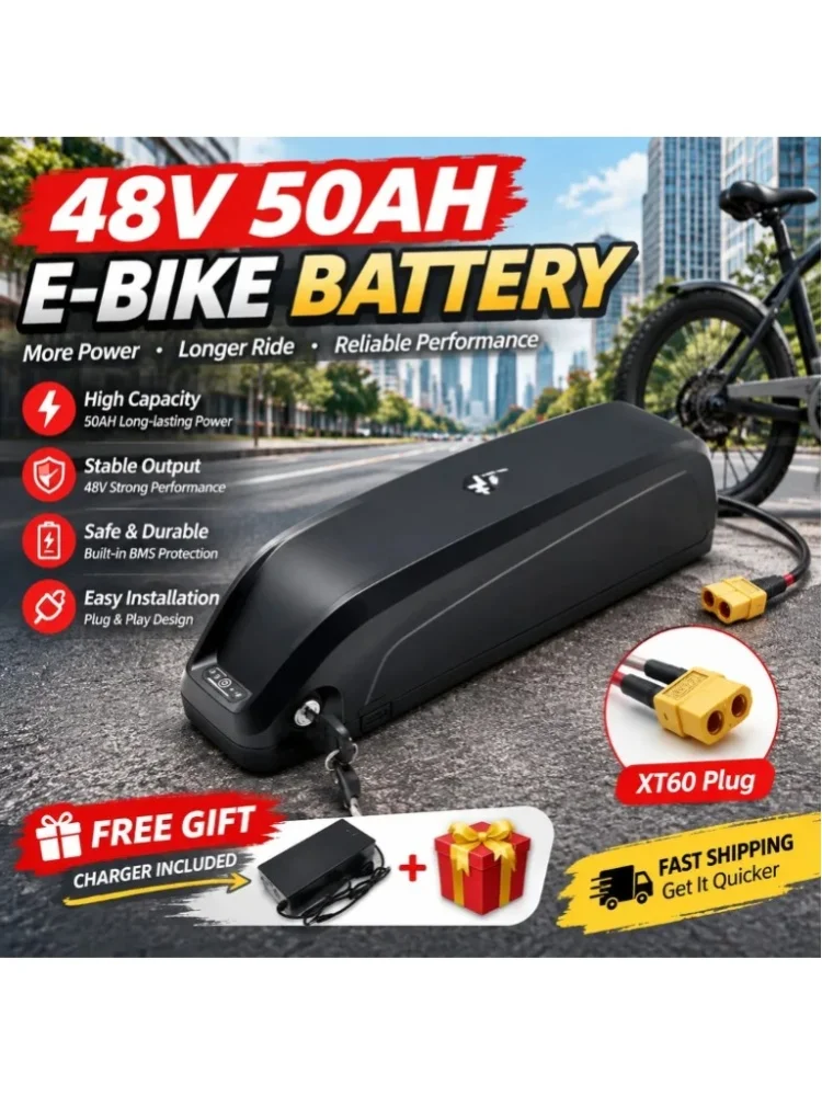 48V 50Ah Hailong E-Bike Lithium-Akkupack, wiederaufladbarer Akku mit XT60-Stecker und Ladegerät für Elektrofahrräder