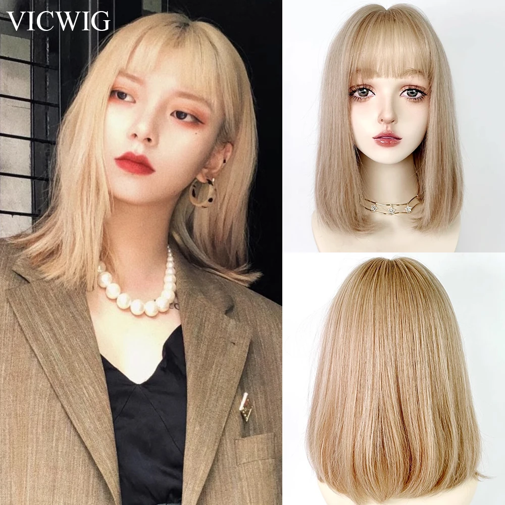 

VICWIG Short Straight Bob Wigs with Bang Synthetic Blonde Women Lolita Cosplay Hair Natural Wig for Daily Party Festivals