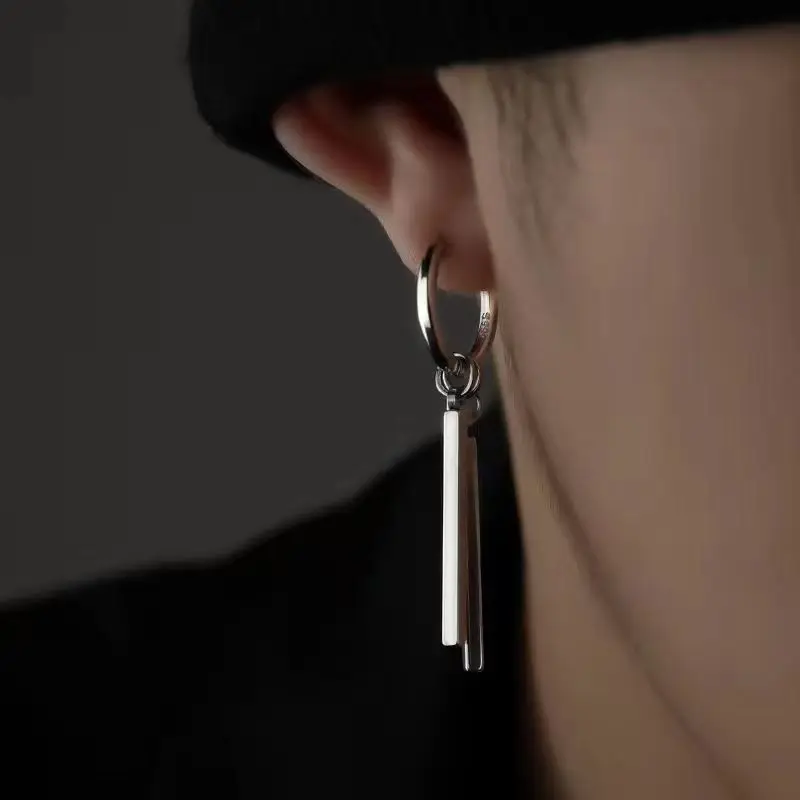 WLP Punk Long Stick Pendant Ear Clip Ear Stud Earrings for Men Titanium Steel Black Silver Color Hip Hop Drop Earring Jewelry