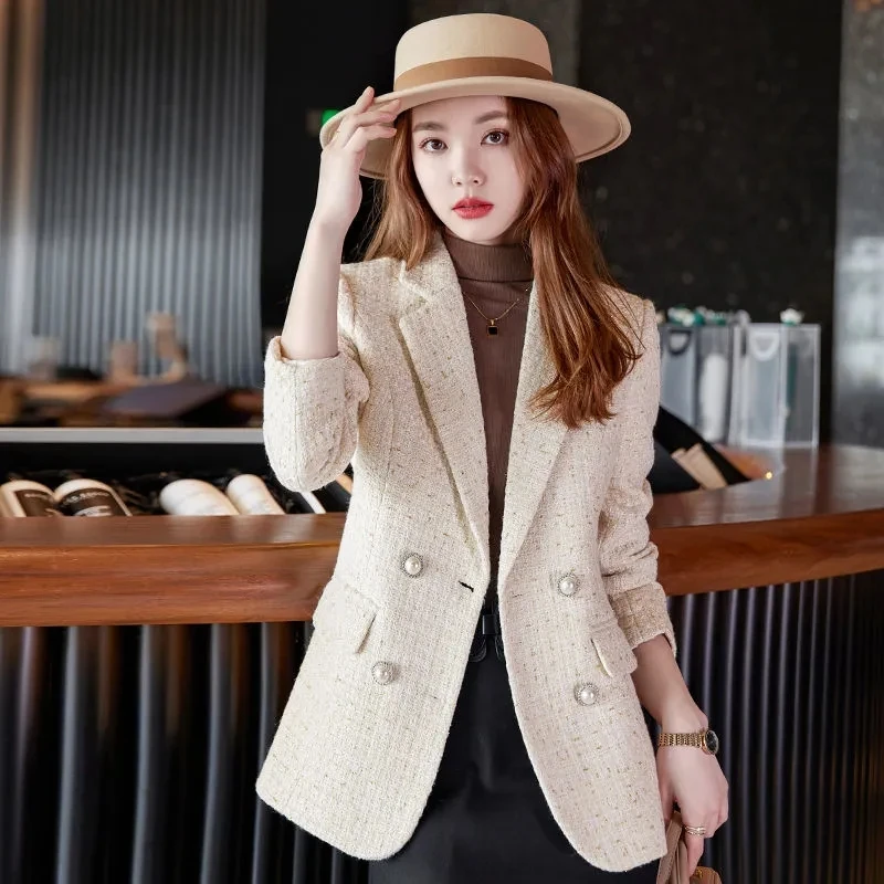 Tweed Frauen Blazer Jacke neue Büro Dame elegante Zweireiher Knopf Woll mantel Herbst Winter Jacke weibliche Anzug Oberbekleidung