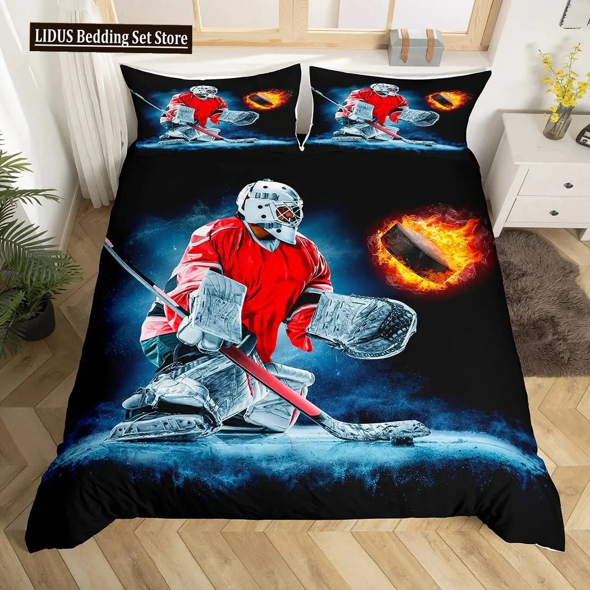 

Hockey Duvet Cover Set 2/3pcs Hockey Sports Comforter Cover Polyester Hockey Puck Ball King Queen Size Quilt Cover For Boys