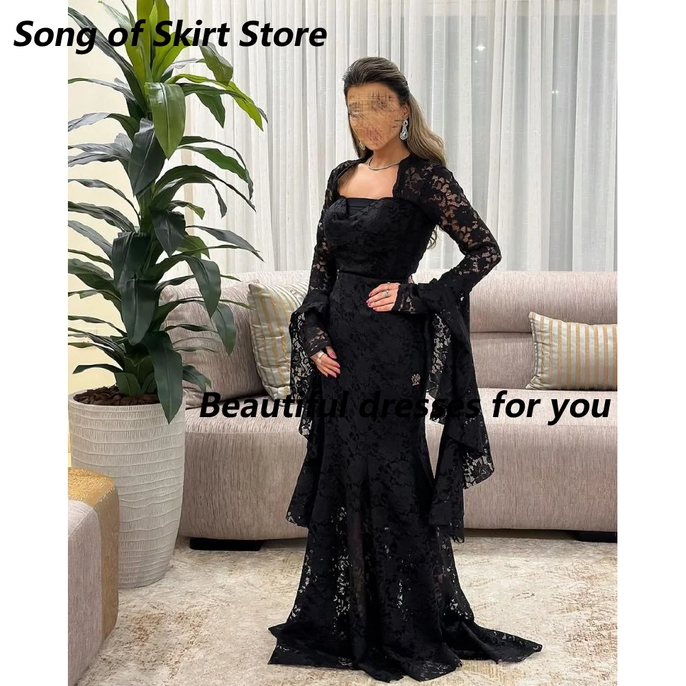 

Black Lace Evening Dresses for Women Square Neck Long Sleeves Floor Length Mermaid Prom Gown Evening Party Dress Customized
