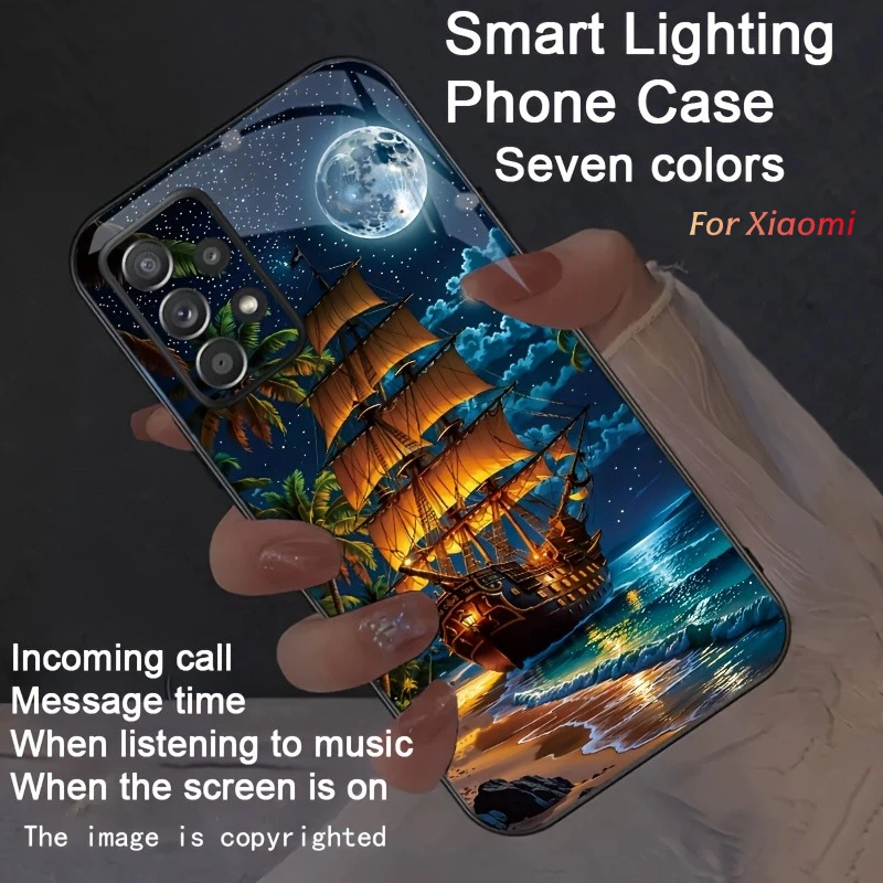 Sail Dream Moon LED Light Glass Phone Case For Xiaomi POCO F9 F8 F7 Ultra F6 Pro POCO X8 X7 X6 X5 Pro Glow Tempered Glass Cover