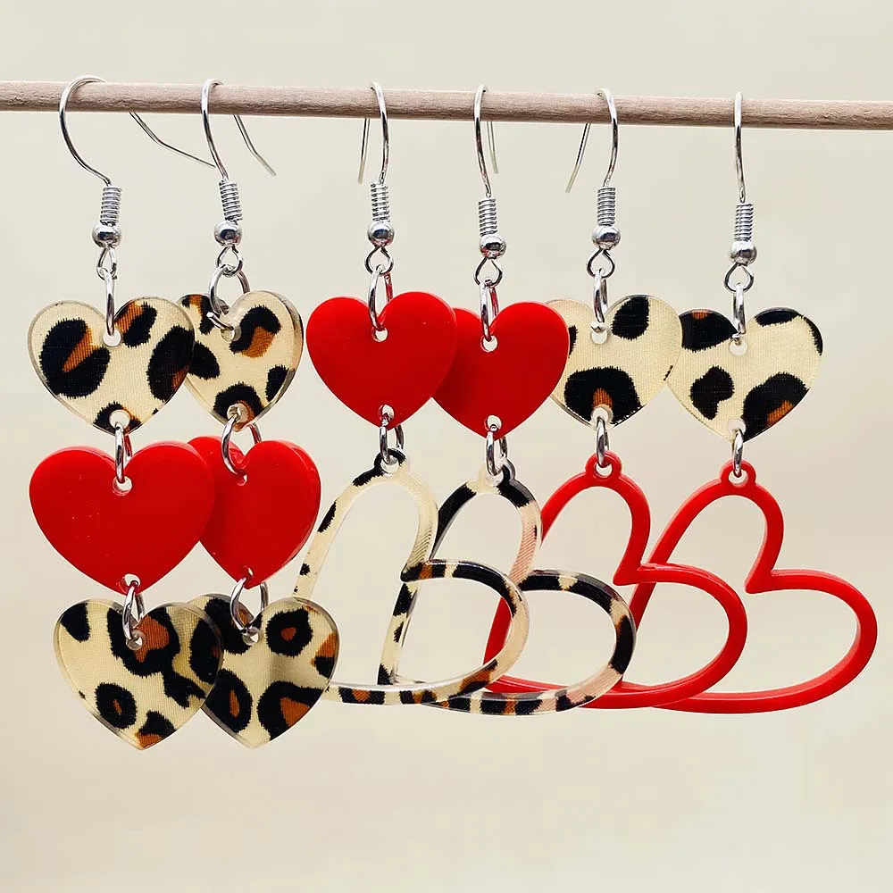 Valentine's Day Earrings Leopard Print Peach Heart Simple Acrylic Earrings for Women Fashion Jewelry Christmas Gifts