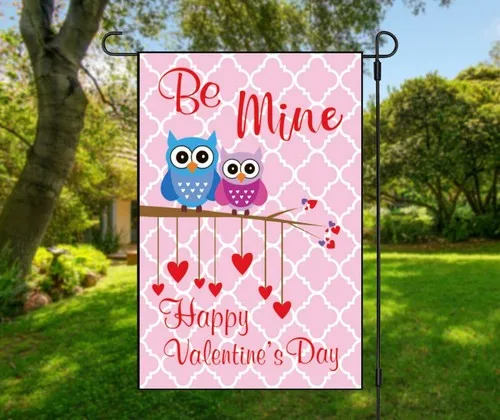 Pink Owl Be Mine Valentines Day Garden Flag Valentine's Day Owls Hearts Love NEW HHP AAL HHM WZZ yyi