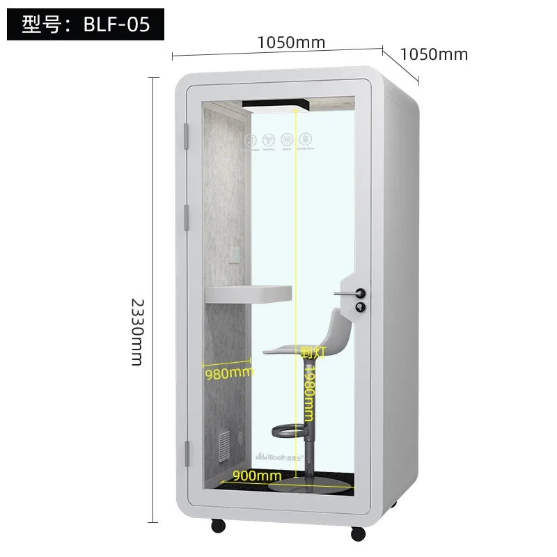 Modern soundproof office kiosk with furnished conference table and sofa