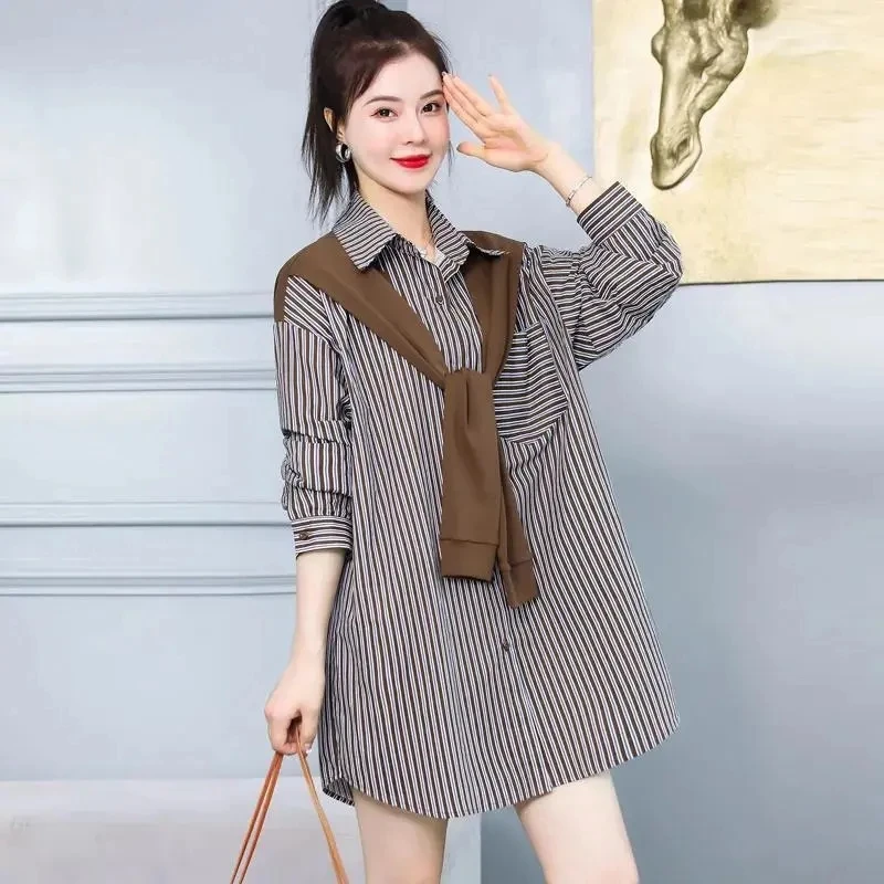 

2022 Autumn new striped shirt design sense niche shawl fake two-piece shirt autumn women long-sleeved chiffon top A895