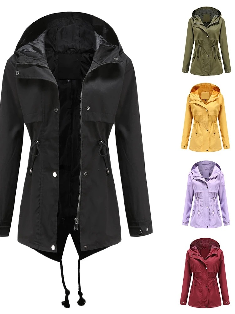 

New Sle Outdoor Raincoat Long Sve Hooded Slim Fit Thin Coat Polyester Fiber Commute Faion Color Zipper Closure