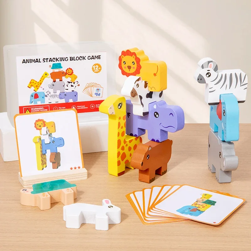 Wooden Animal Stacking Block Game Shape Matching Puzzle Balance Fine Motor Training Educational Toys For Children