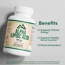 Alpha Lipoic Acid 600mg per serving, 60 vegetarian capsules (non GMO, gluten free, vegetarian safe), powerful antioxidant