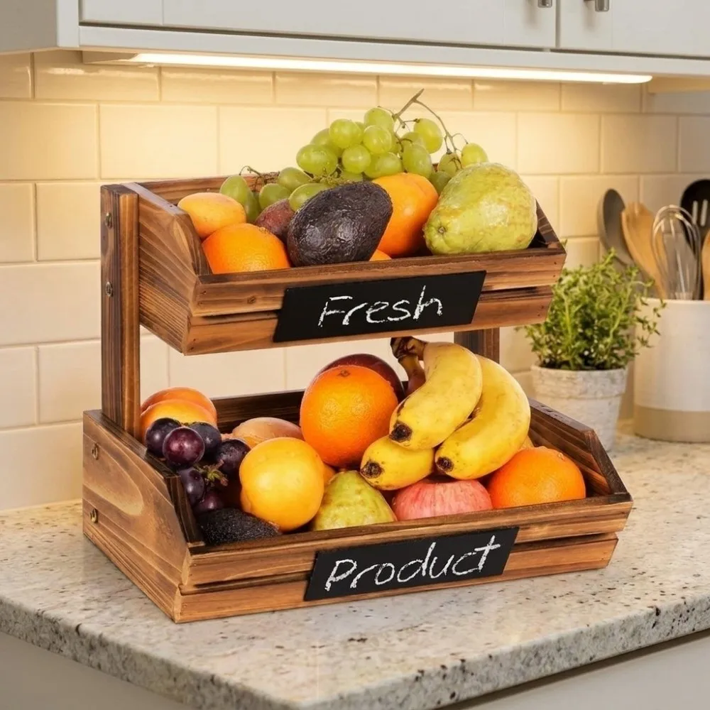 Large Capacity 2 Tiers Fruit Basket Space Saving Removable Wooden Fruit Storage Rack Stable Desktop Food Storage Basket
