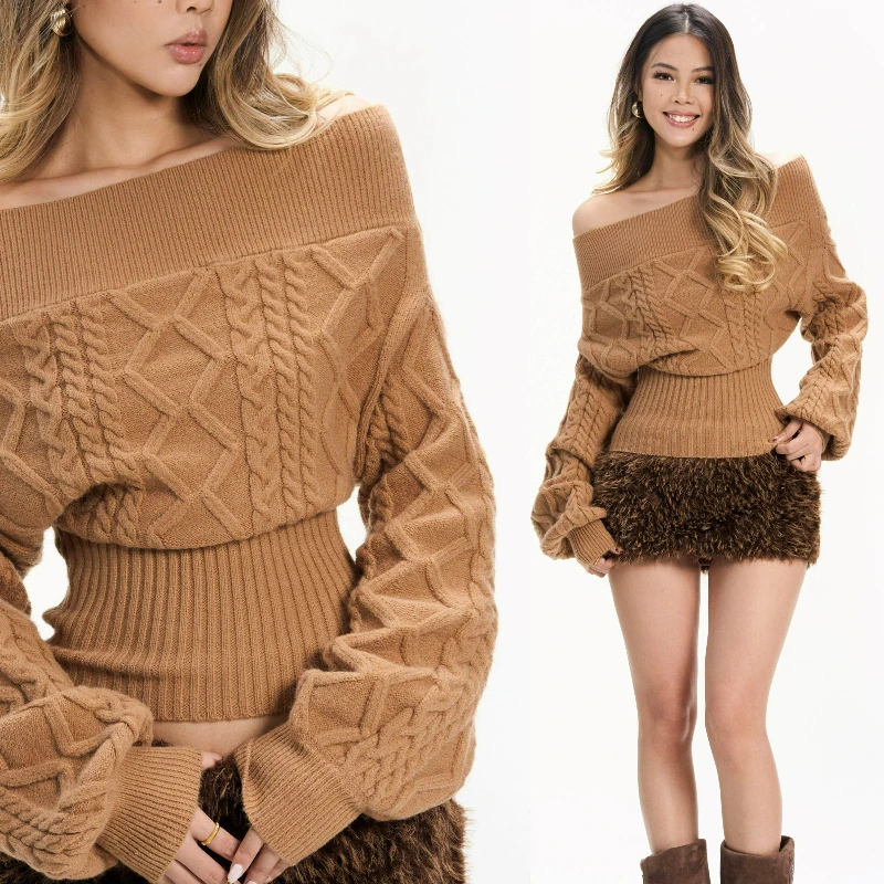 Kamelfarbener One-Shoulder-Taillen-Pullover für Damen, 2026, Herbst, neuer Stil, High-End-Nische, lässiger Strickpullover für Damen