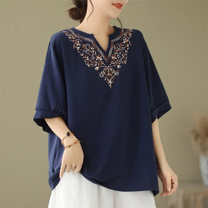 Women Vintage Embroidery Elegant Comfortable Cotton T Shirt Summer Fashion V Neck Short Sleeve Loose Pullover Tops Ropa De Mujer