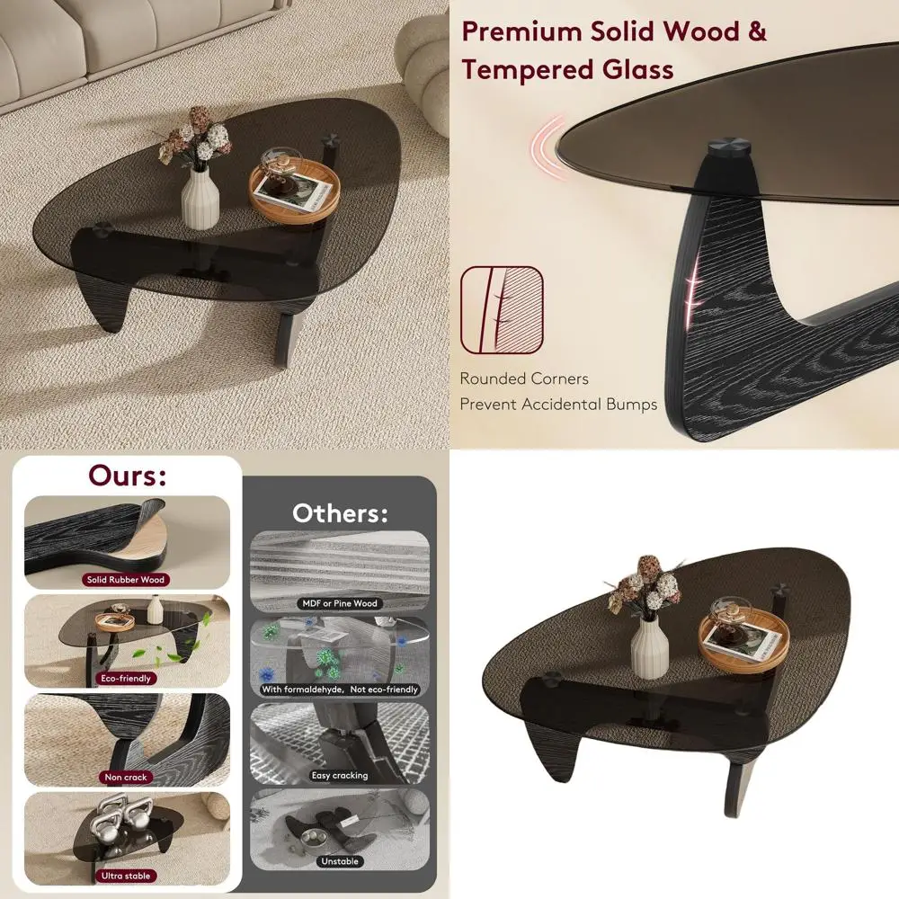 

Vintage Minimalist Triangle Coffee Table with Tempered Glass, 42.5x28.5x16.1, for Small Spaces, Living Room, Office (Black)