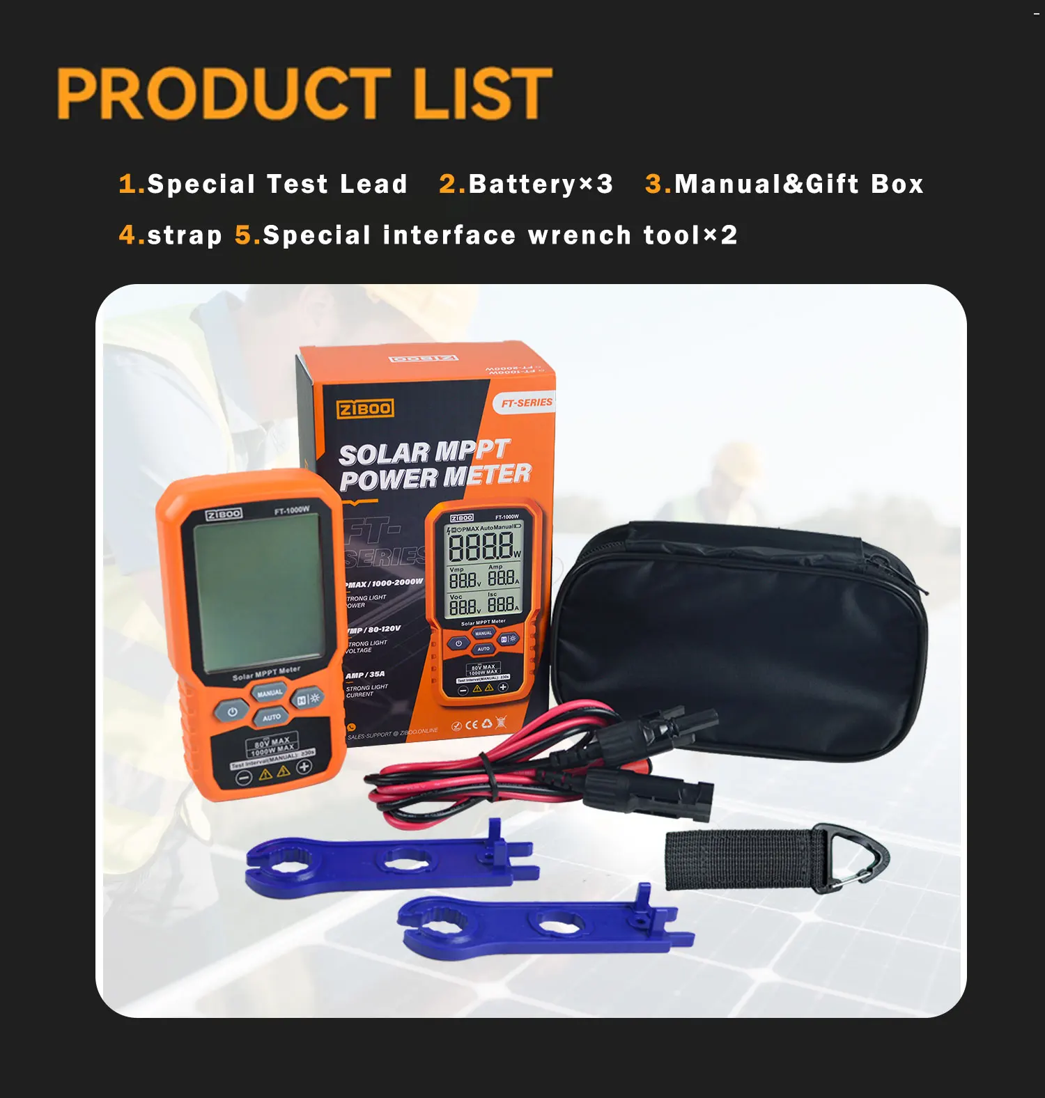 ZIBOO Solar MPPT Meter Photovoltaik Multimeter, PV Modul FT-1000W MAX Power Tester, Offene Stromversorgung Spannung Kurzschluss Strom – Detail 12