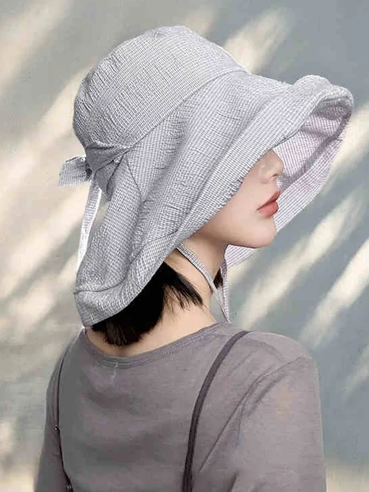 

Новинка 2023 года, стильная женская летняя складная панама с широкими полями и защитой от ультрафиолета, пляжная шляпа от солнца с бантом для рыбалки на открытом воздухе