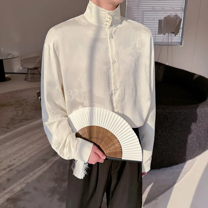 

Новая мужская рубашка в китайском стиле с длинным рукавом, на пуговицах, с темным узором, повседневная, свободного кроя, на все сезоны, с цветочным принтом, для делового стиля