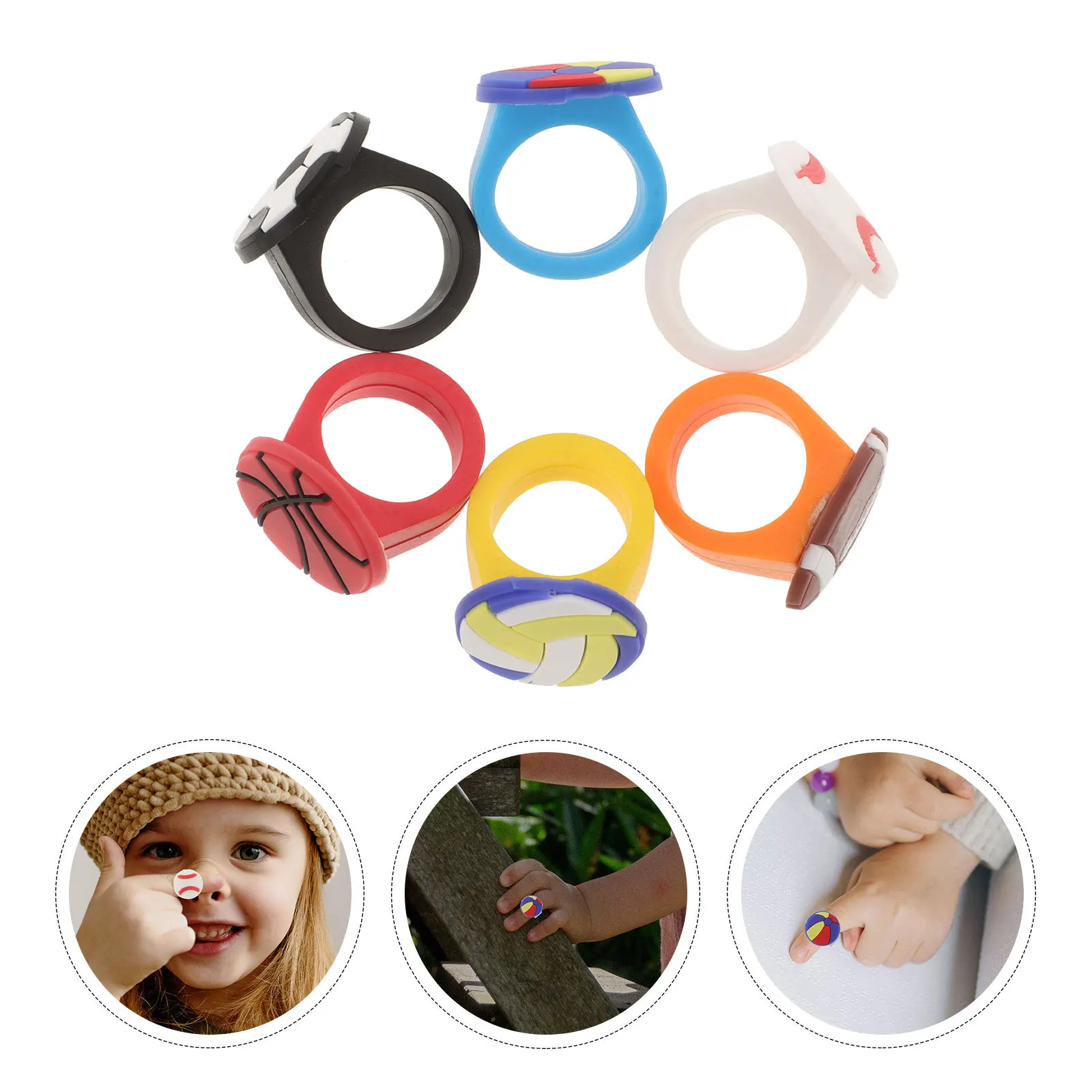 

6pcs Sports Rings For Women Men Colorful Chunky Pvc Finger Rings Cute Ball Theme Party Ring Decor Goodie Bag Fillers