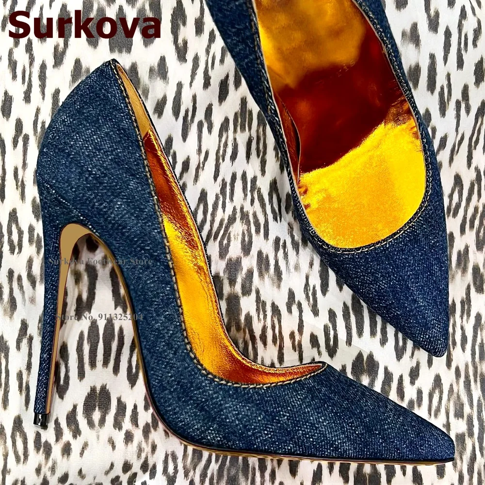 Surkova niebieski Denim złoty podszewka wewnątrz 12cm buty na wysokim obcasie szpiczasty nosek płytkie dżinsy pompy 10cm 8cm Slip-on sukienka obuwie