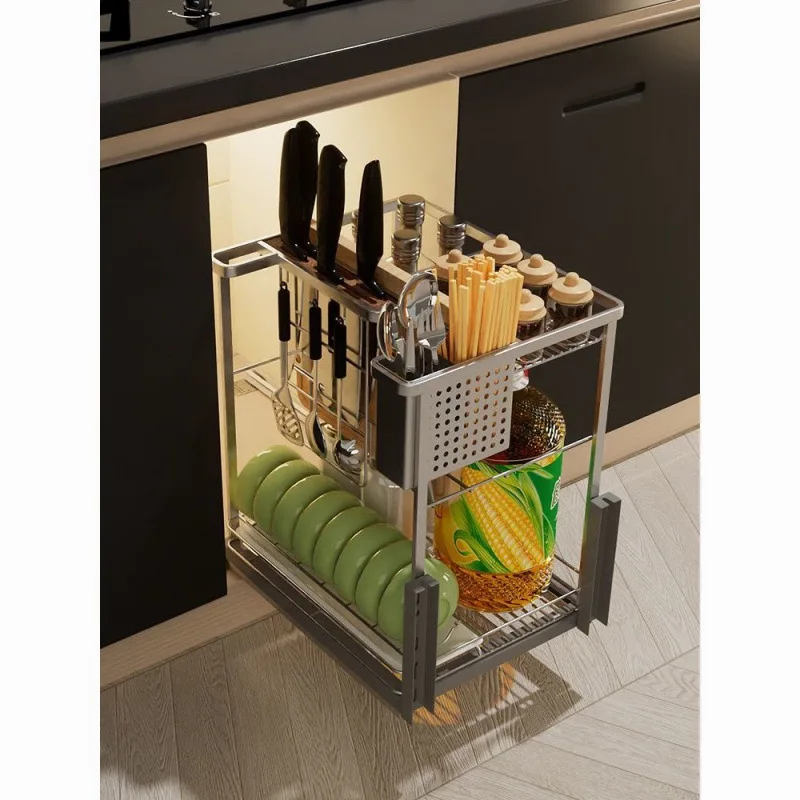 Solid bold 304 stainless steel seasoning basket seasoning kitchen cabinet seasoning rack drawer type damping buffer