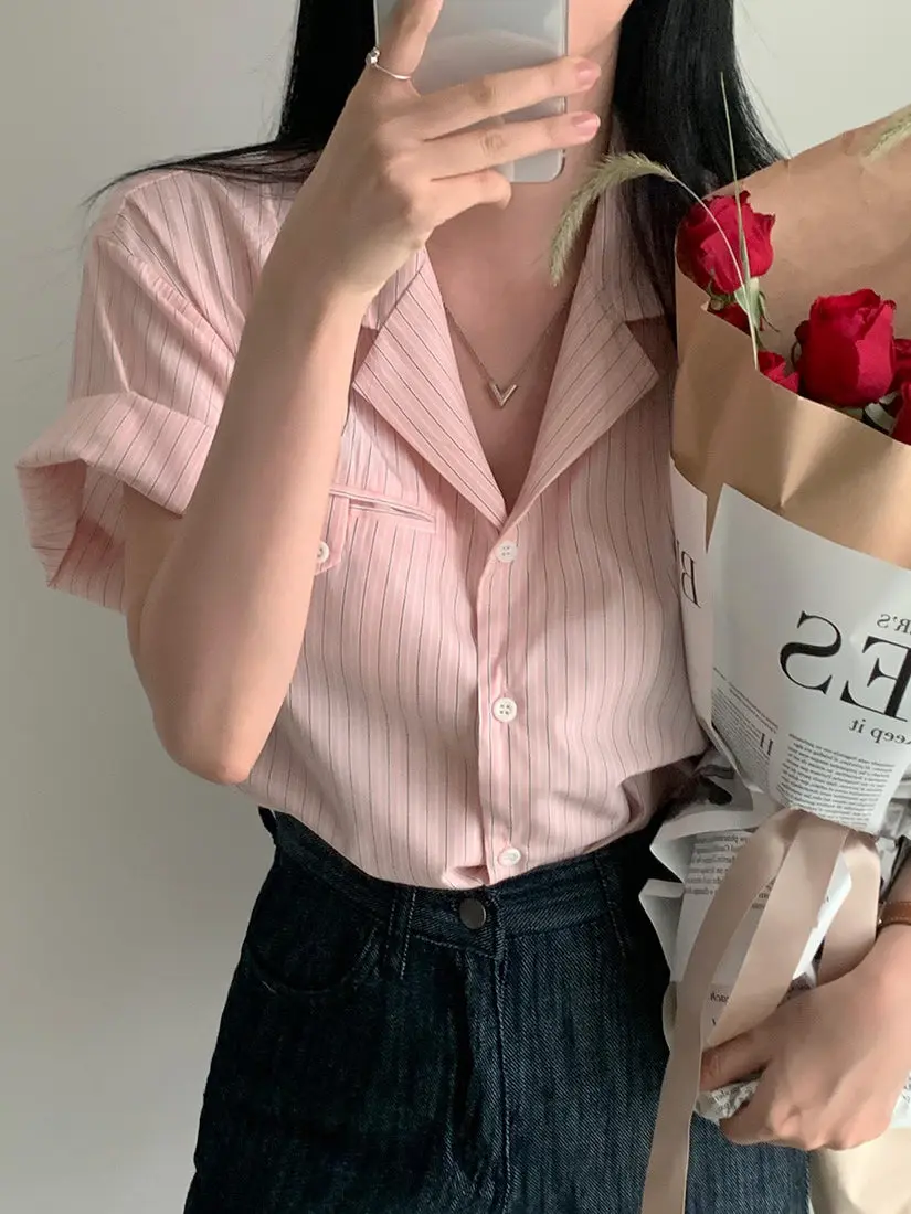 

Летняя шикарная женская рубашка в корейском стиле, свободного кроя, в полоску, с рукавами-фонариками, повседневная, универсальная, омолаживающая, с фактурным узором