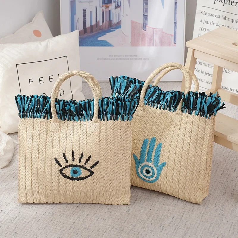 

Eyes Embroidery Straw Bag Fashion Tassel Tote Bags for Women Handbags Summer Travel Beach Bag Rattan Shoulder Bags Shopper Purse