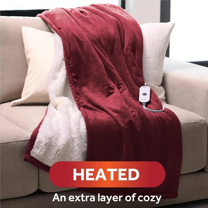 Royal Mink Sherpa Cabernet Heated Personal Throw / Blanket, Cozy-Warm, Adjustable Heat Settings