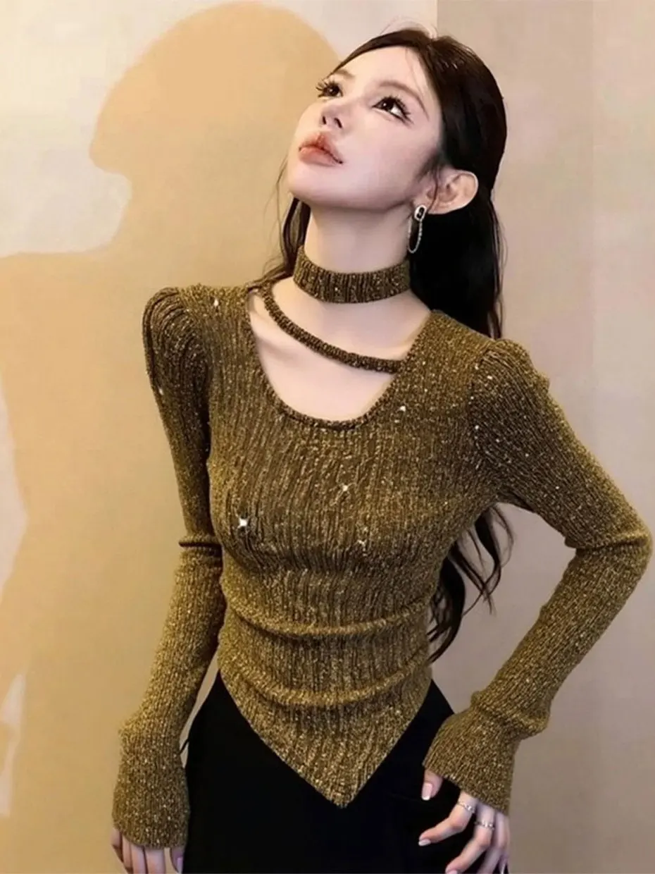 

Shantou Women's Long Sleeve Knitted Sweater Glimmer Thread Neck Hanging Irregular Design Spring Fashion Slim Fit Base Shirt